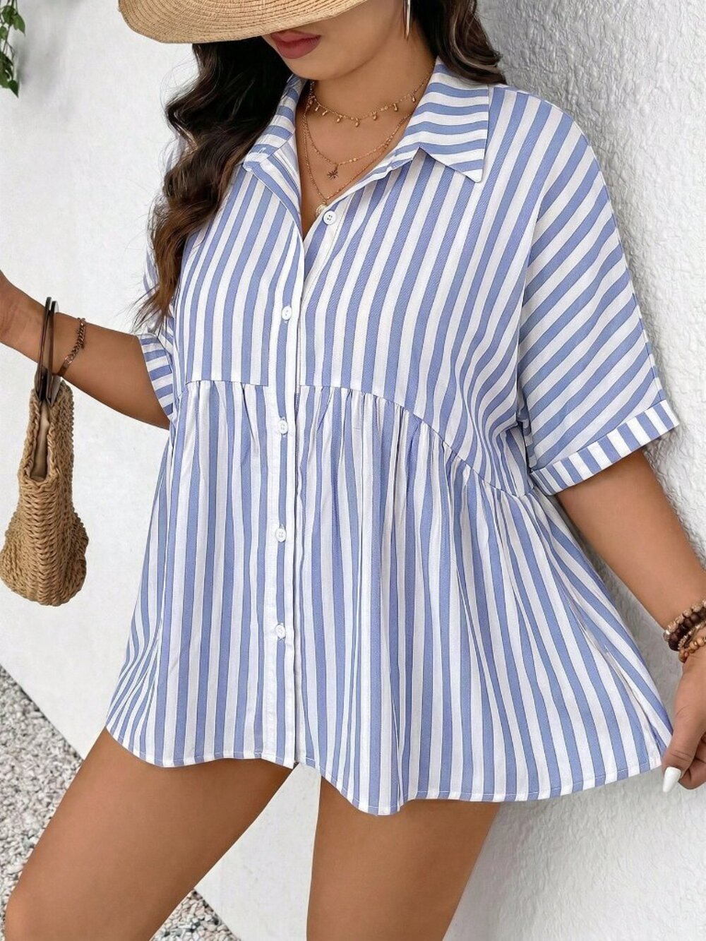 Blue Casual womens Striped Print Button Down Short Sleeve Top - Picture 3 of 7